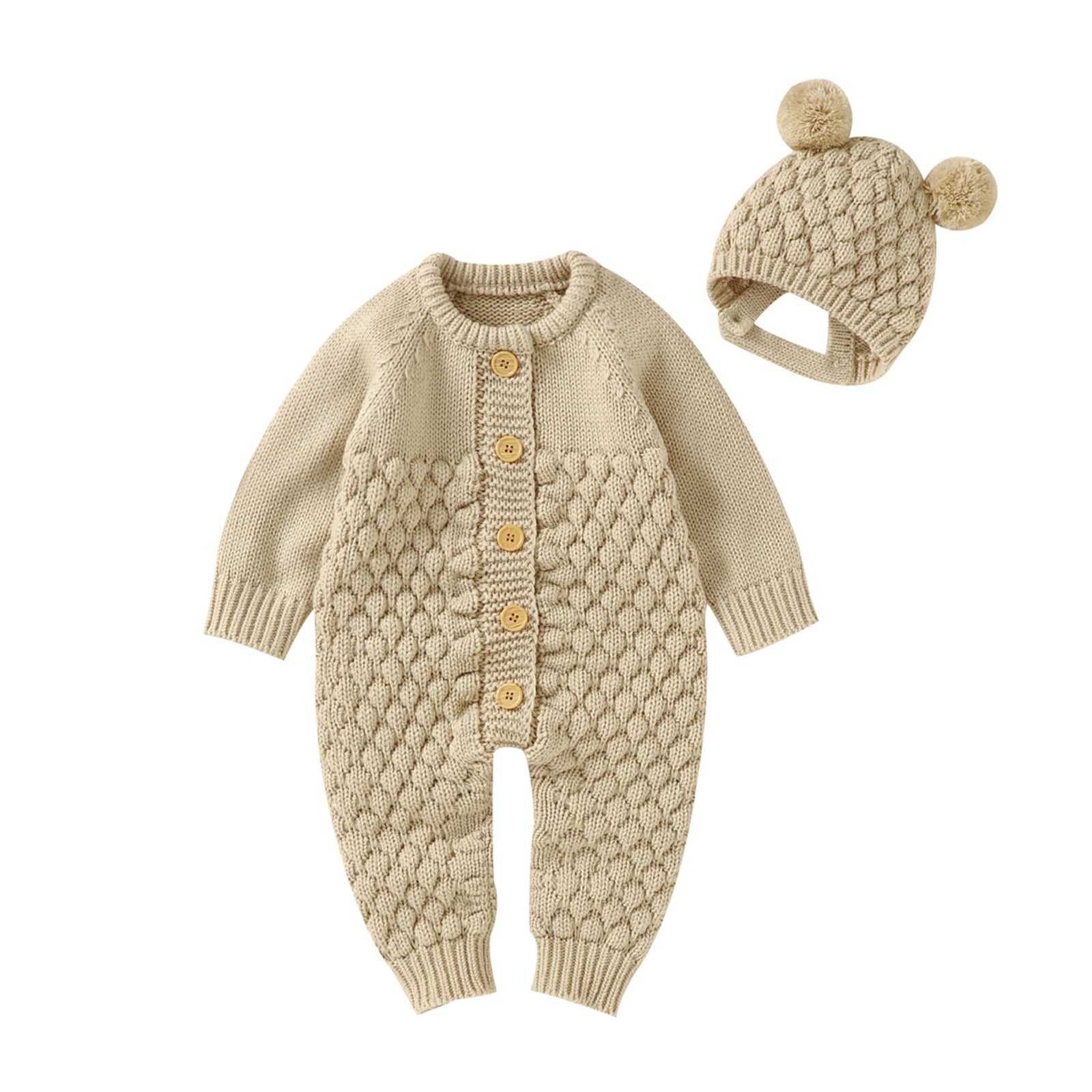 Baby-Winterjumpsuit 2er-Set – Strick, Langarm & Bärchen-Mütze