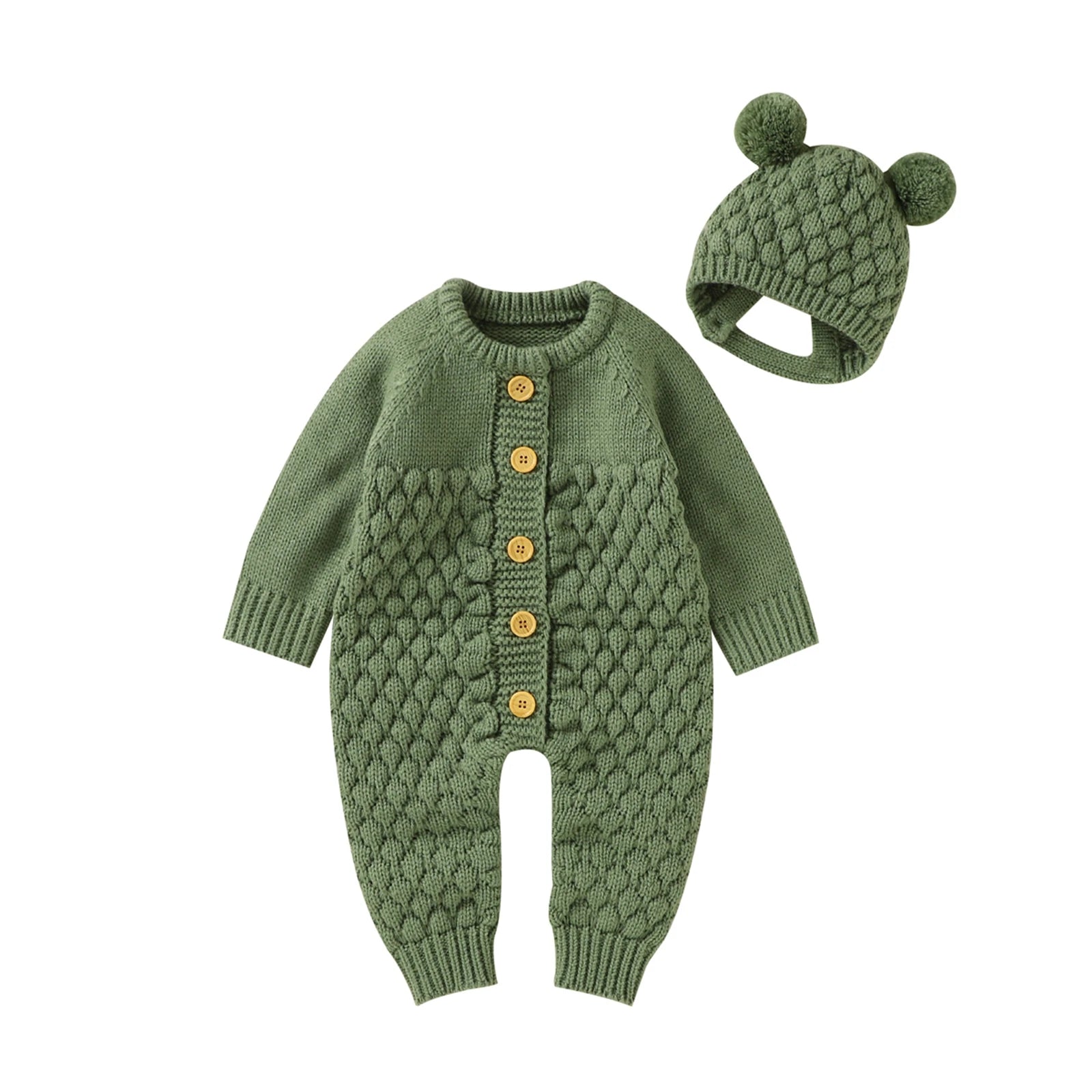 Baby-Winterjumpsuit 2er-Set – Strick, Langarm & Bärchen-Mütze