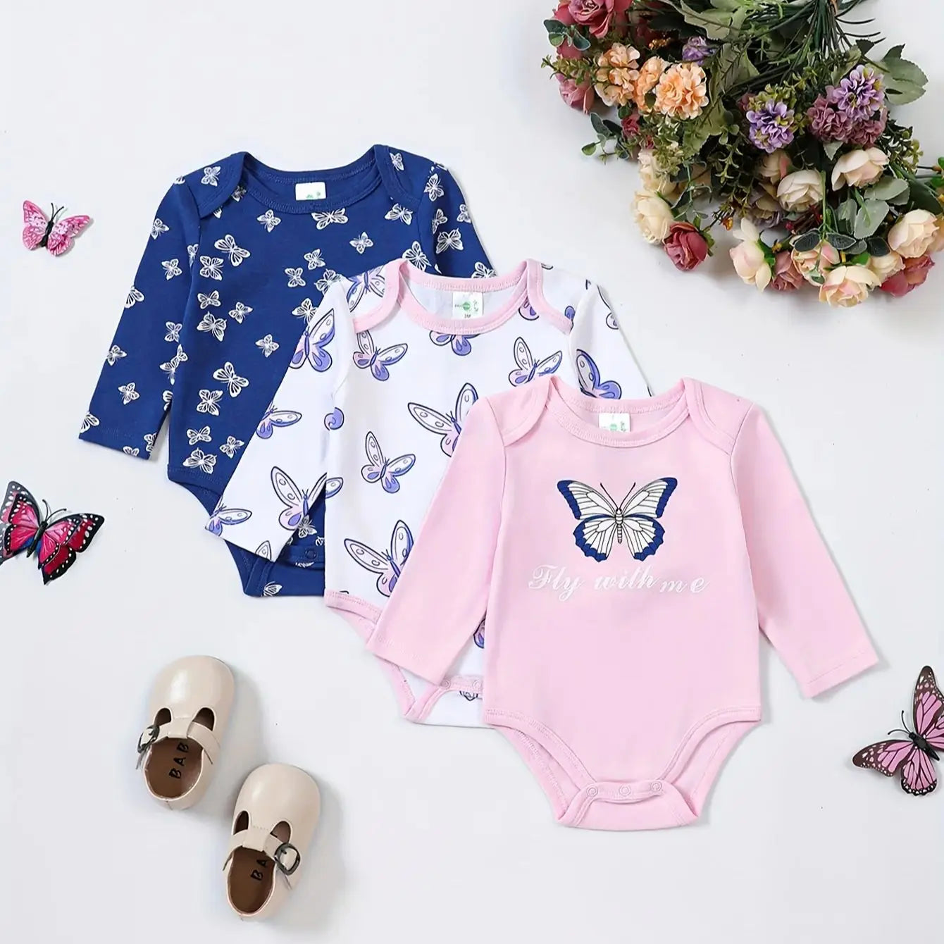Baby-Strampler Mädchen 3er-Set – Langarm, Baumwolle, 0–12 Monate