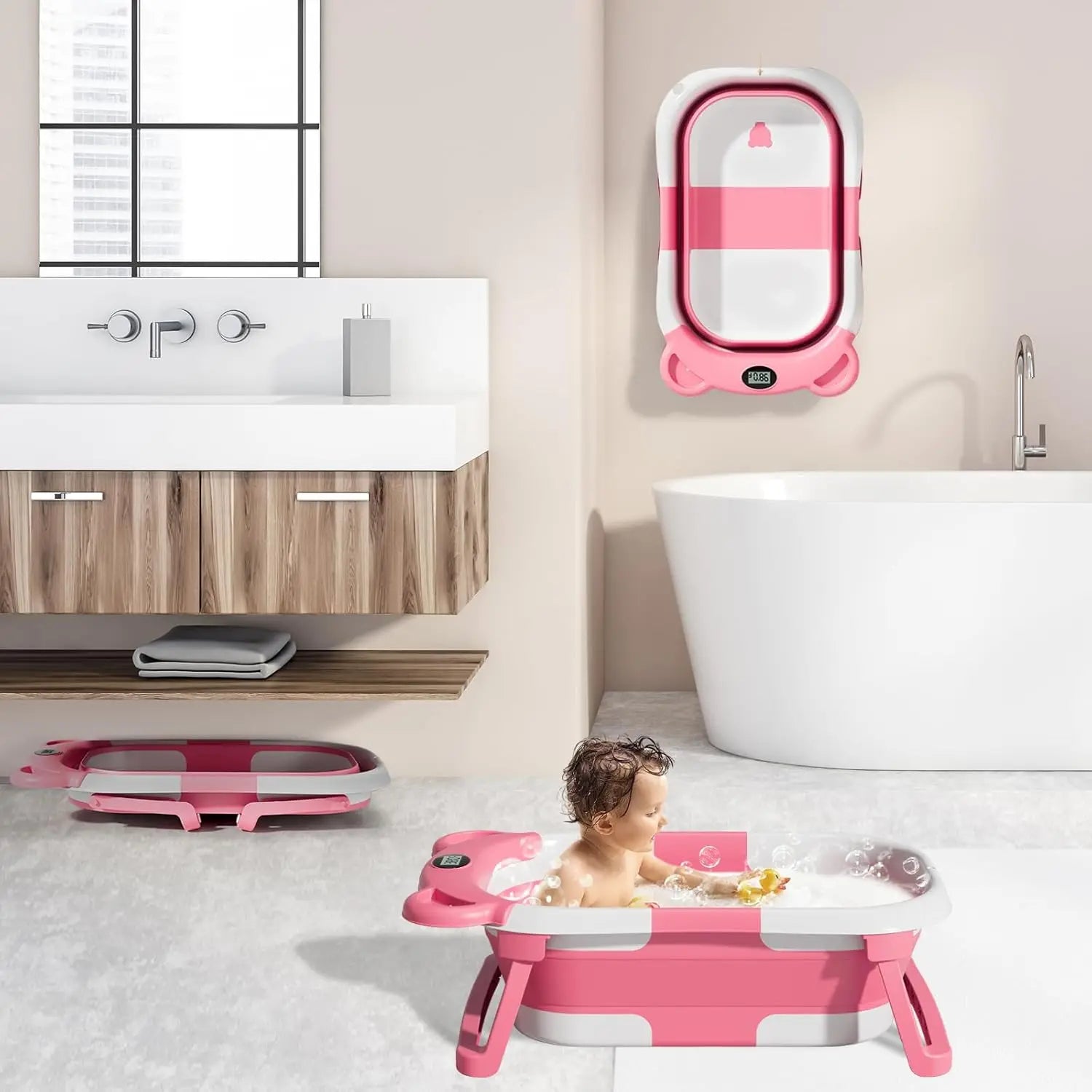 Baby-Badewanne faltbar – Thermometer, Schwimmkissen & Ablauf
