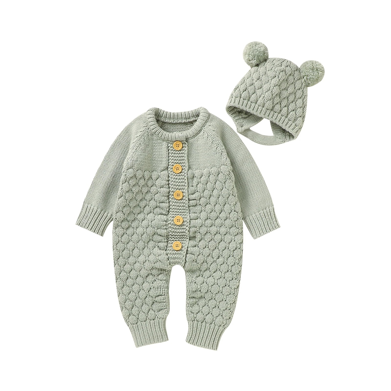 Baby-Winterjumpsuit 2er-Set – Strick, Langarm & Bärchen-Mütze