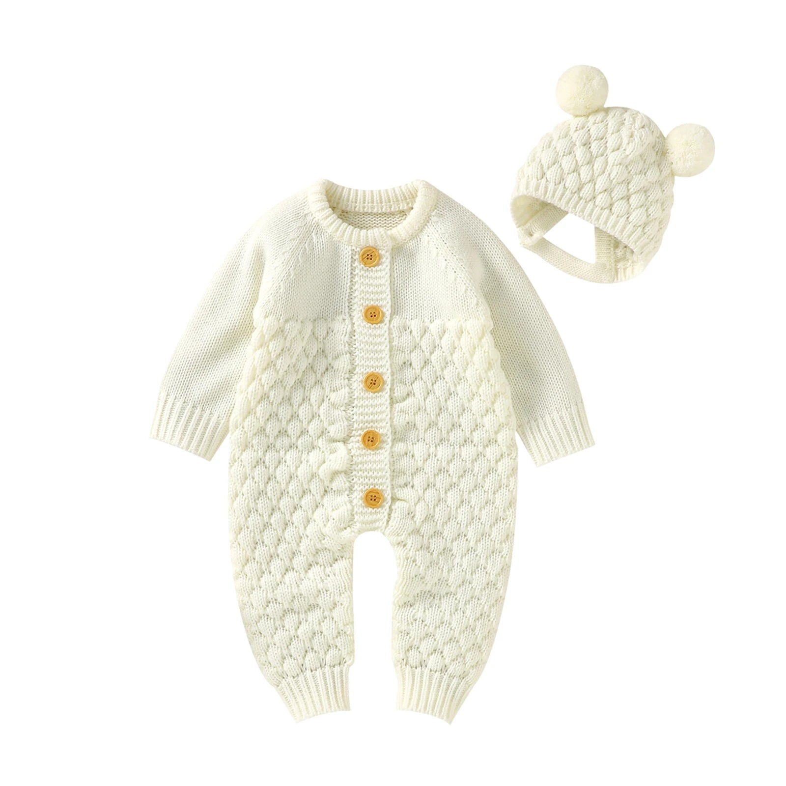 Baby-Winterjumpsuit 2er-Set – Strick, Langarm & Bärchen-Mütze