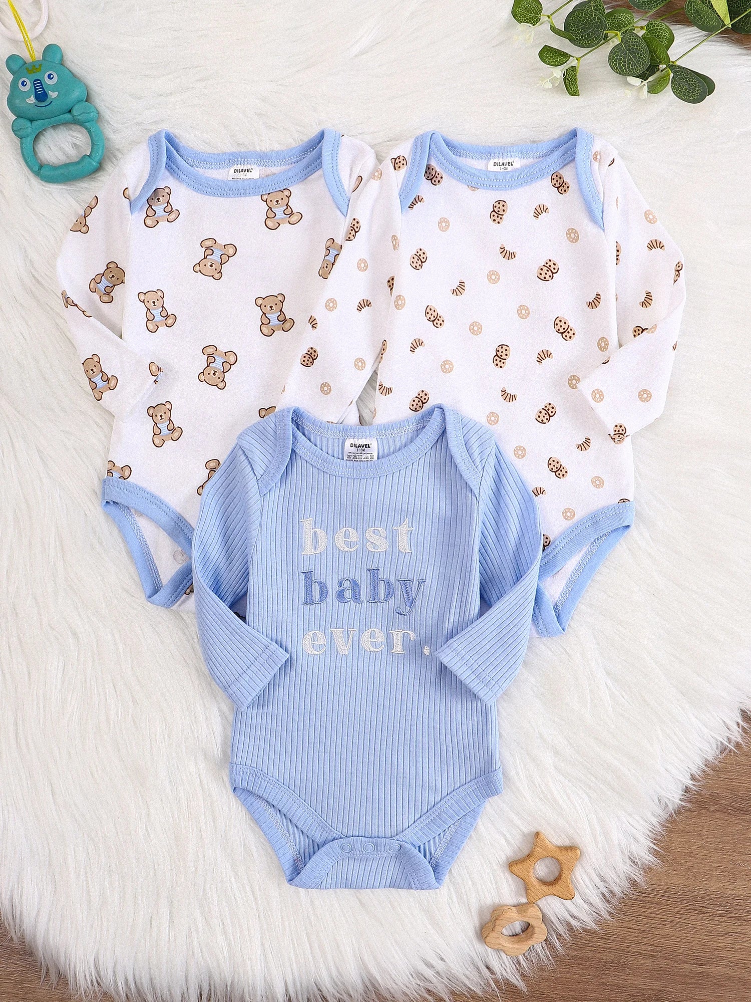 Baby-Strampler 3er-Set – Langarm, Baumwolle, 0–9 Monate