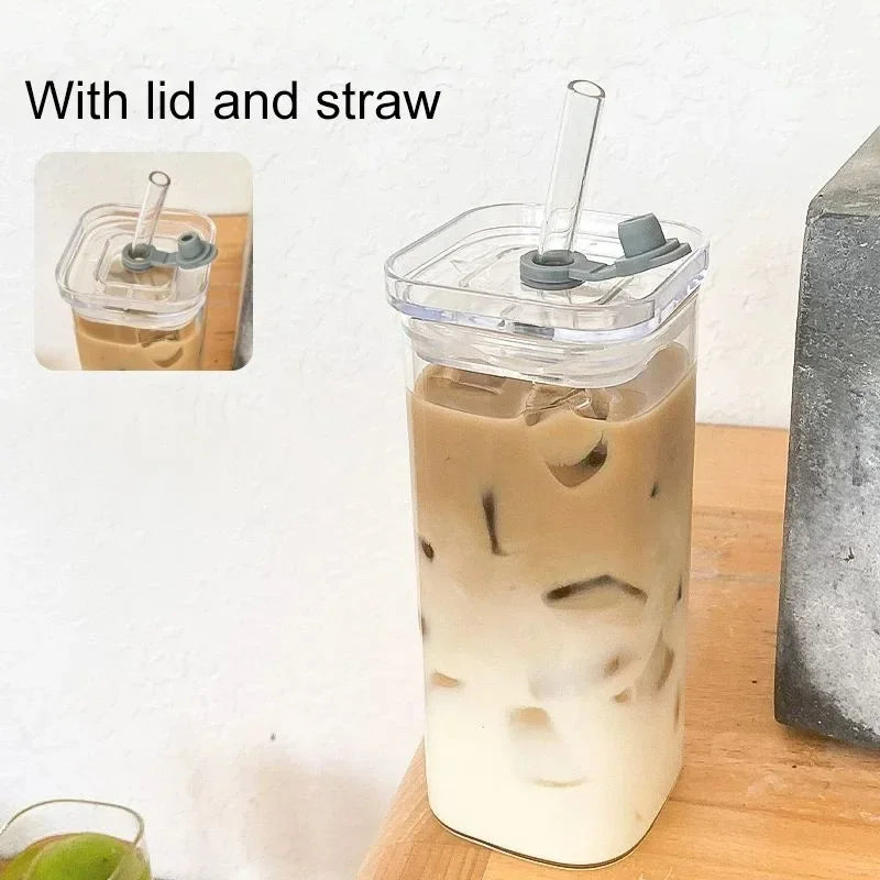 Eckiges Kaffeeglas 400ml – Deckel & Strohhalm, hitzebeständig