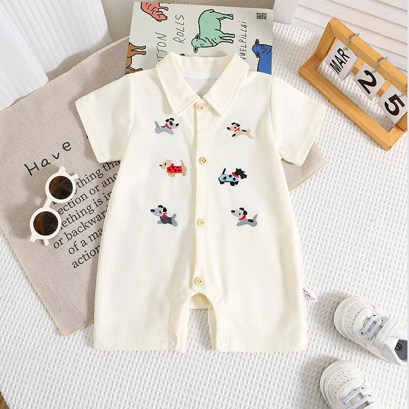 Baby-Sommer-Strampler Junge – Hund-Stickerei & Shorts