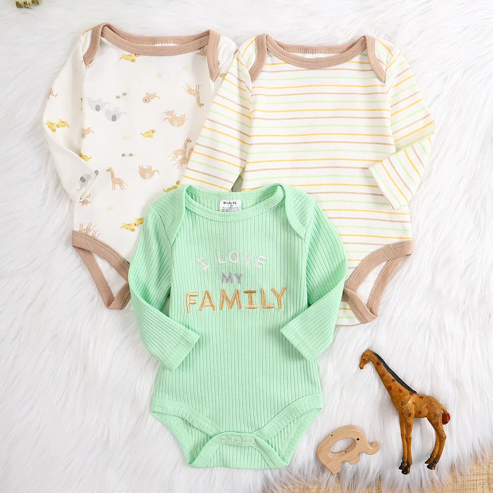 Baby-Strampler 3er-Set – Langarm, Baumwolle, 0–9 Monate