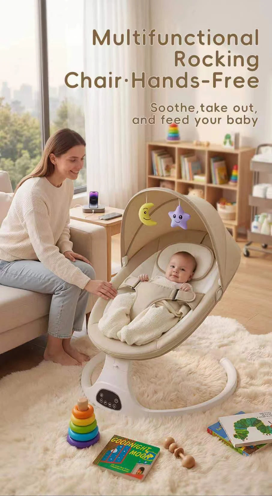 Elektrische Baby-Wiege – Bluetooth, Musik & Moskitonetz