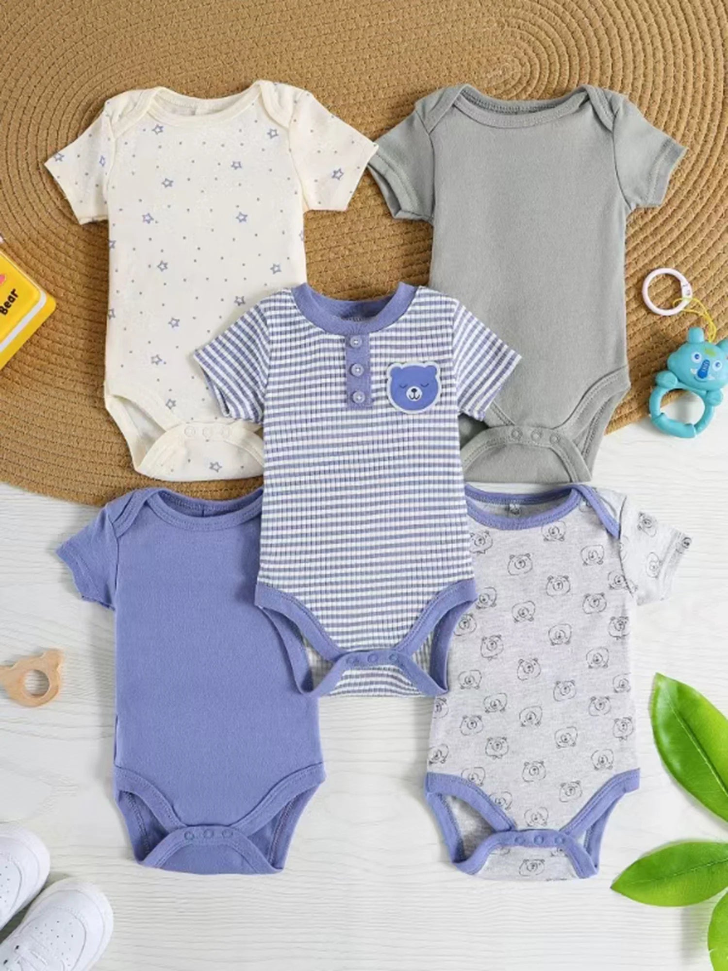 Baby-Strampler 5er-Set – Kurzarm, Sommer, 0–9 Monate