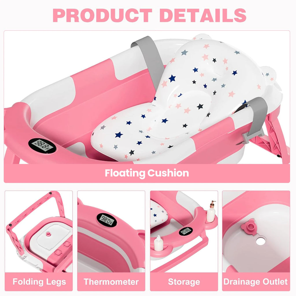 Baby-Badewanne faltbar – Thermometer, Schwimmkissen & Ablauf
