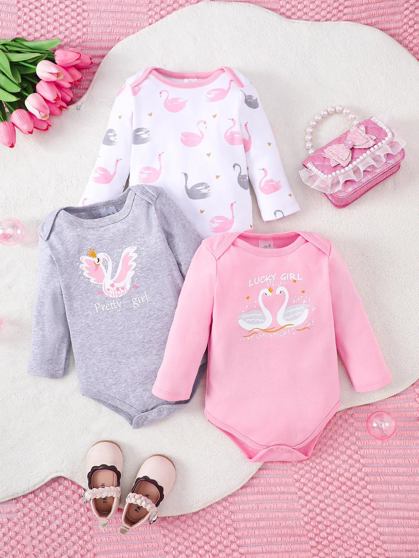 Baby-Strampler Mädchen 3er-Set – Langarm, Baumwolle, 0–12 Monate