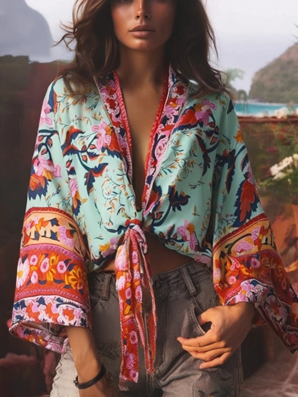 Boho Kimono Strandkleid – Blumendruck, leicht & feminin
