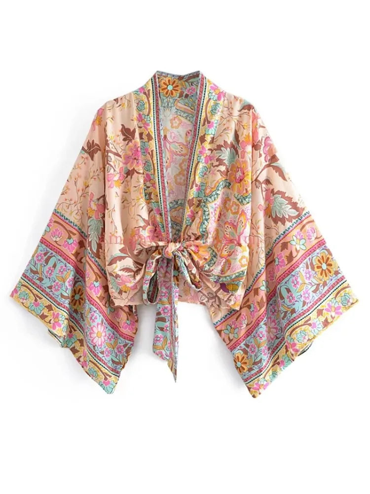 Boho Kimono Strandkleid – Blumendruck, leicht & feminin