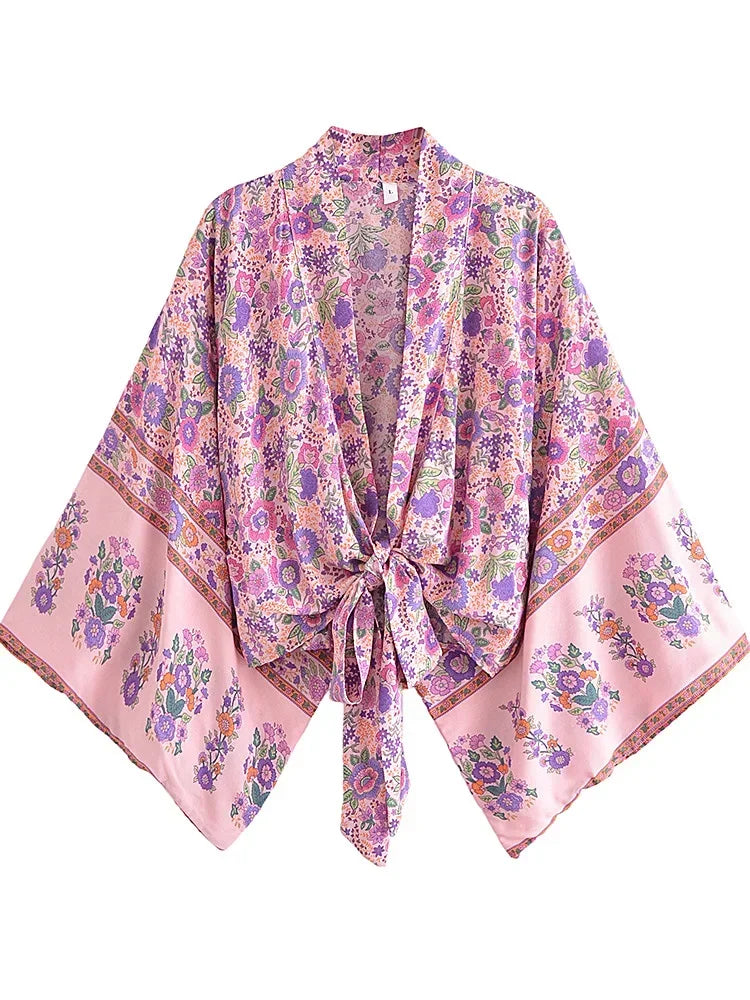 Boho Kimono Strandkleid – Blumendruck, leicht & feminin
