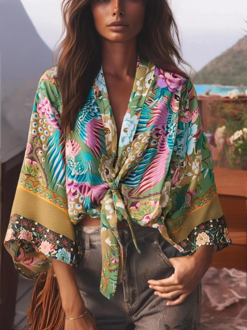 Boho Kimono Strandkleid – Blumendruck, leicht & feminin