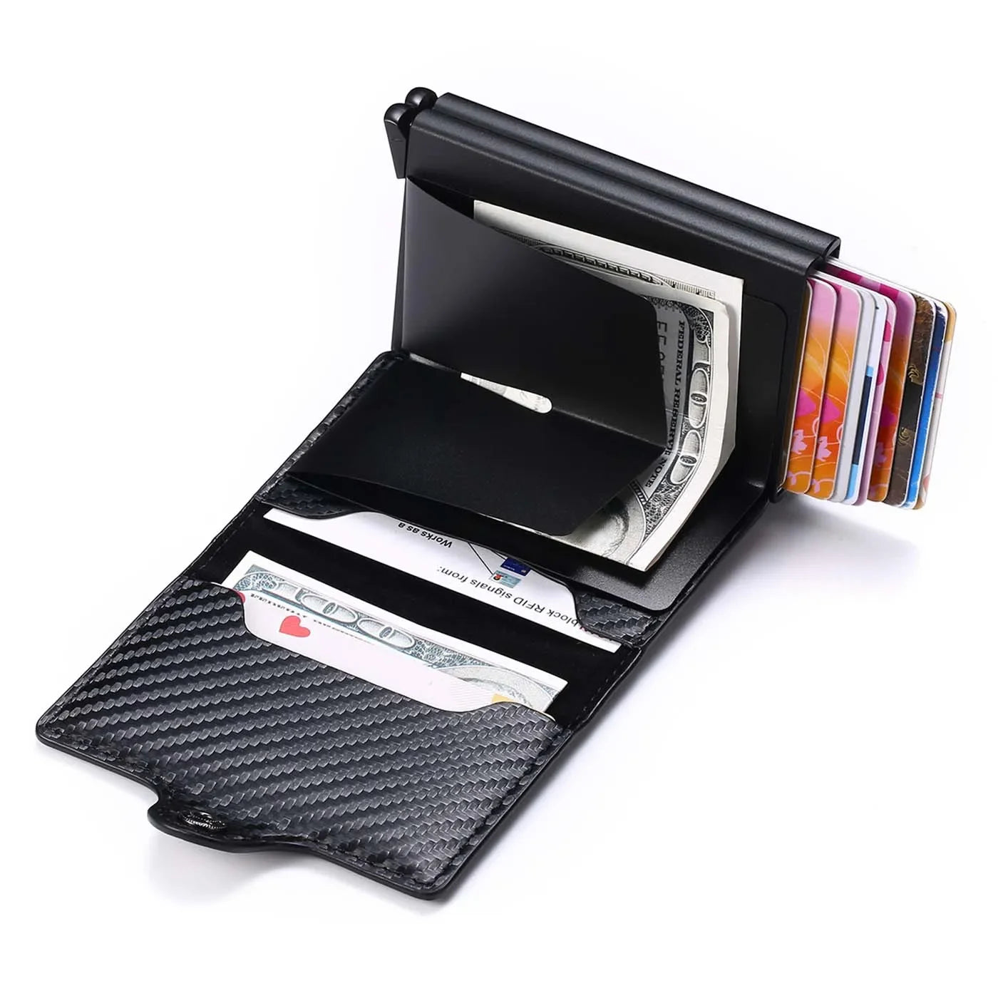 RFID-Schutz Slim Wallet – Dünne Herren-Geldbörse aus Carbon & PU-Leder, 14 Karten
