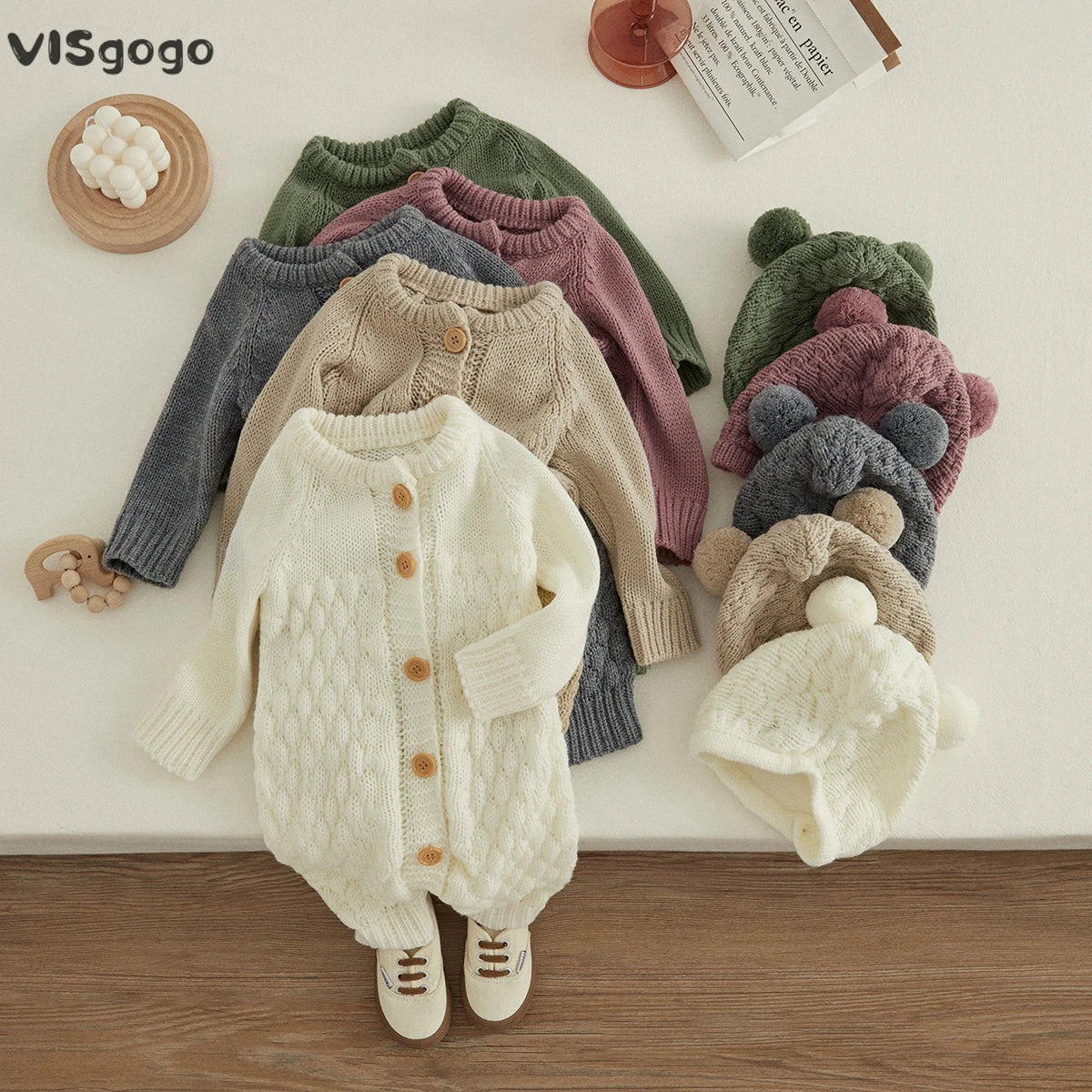 Baby-Winterjumpsuit 2er-Set – Strick, Langarm & Bärchen-Mütze