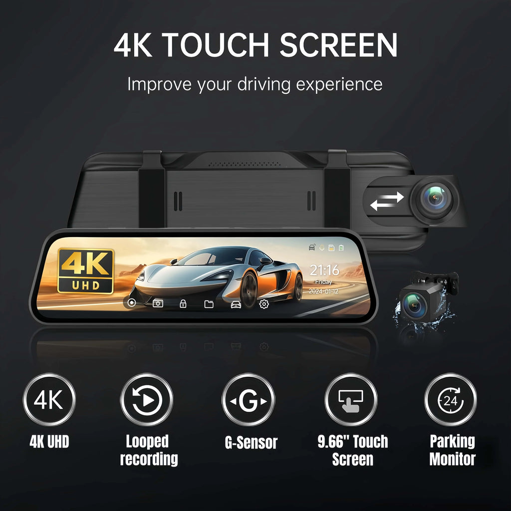 Dashcam 4K Rückspiegel – Dual-Kamera & 9,66" IPS Display