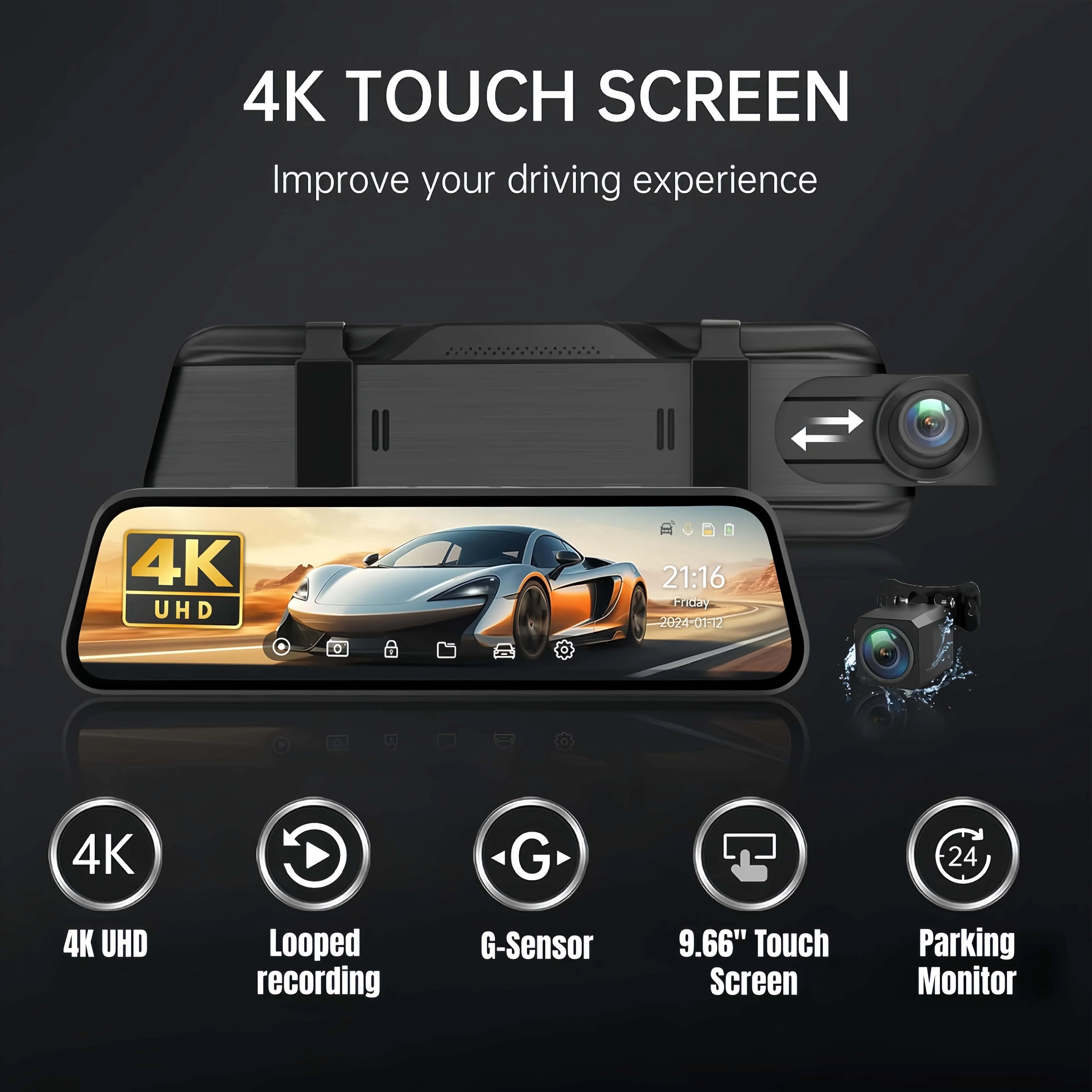 Dashcam 4K Rückspiegel – Dual-Kamera & 9,66" IPS Display