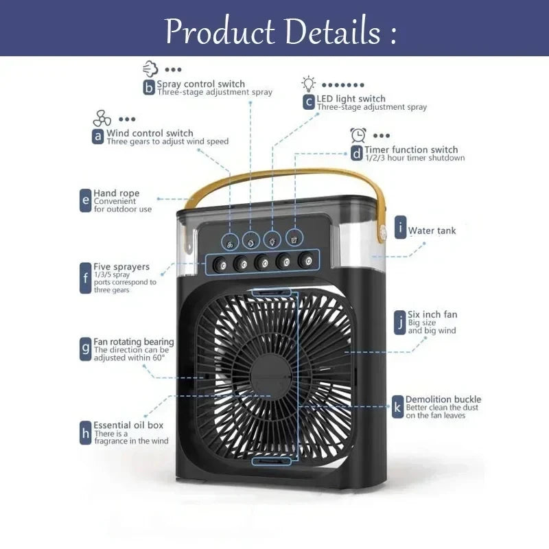 3-in-1 Luftkühler – Ventilator, Befeuchter & LED, USB