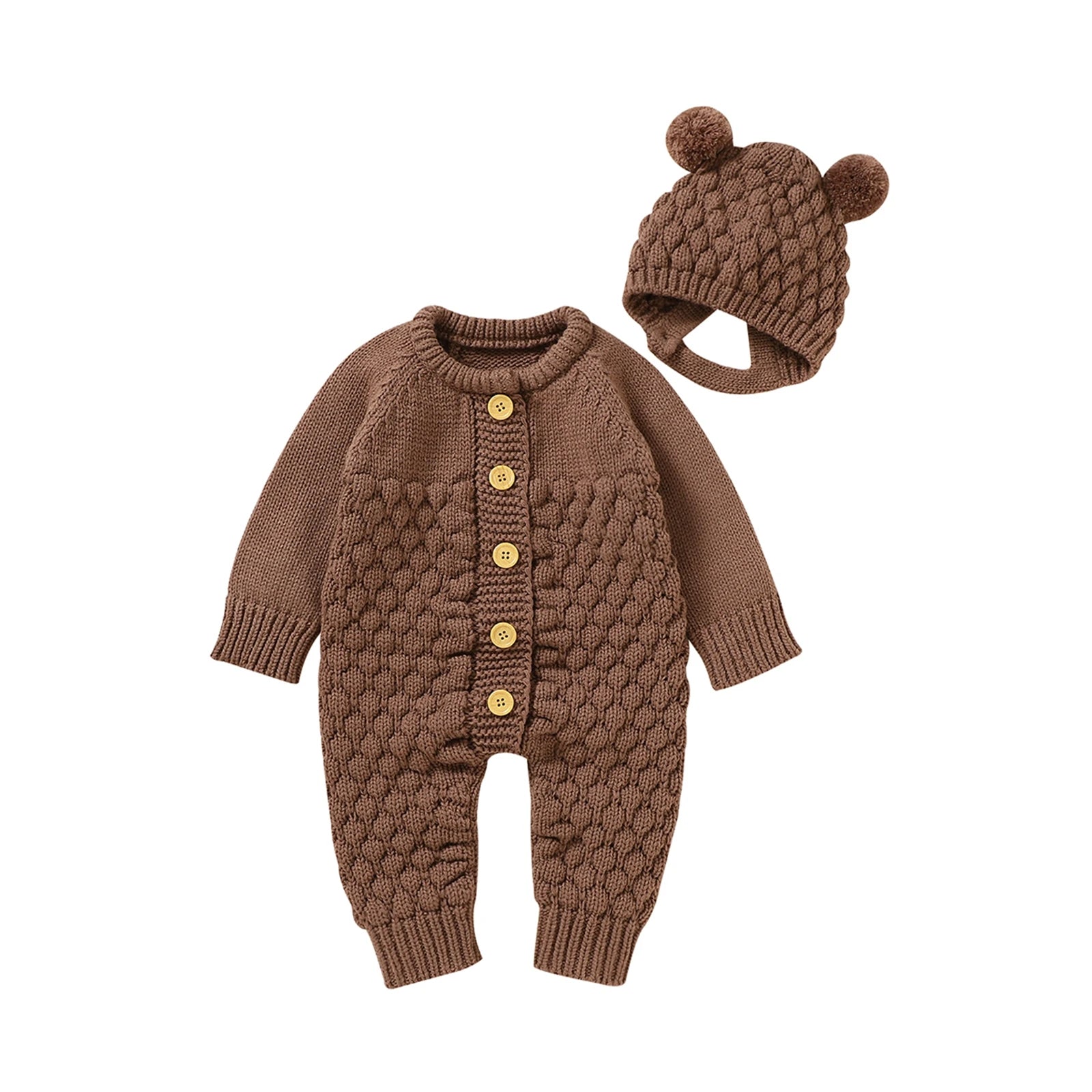 Baby-Winterjumpsuit 2er-Set – Strick, Langarm & Bärchen-Mütze