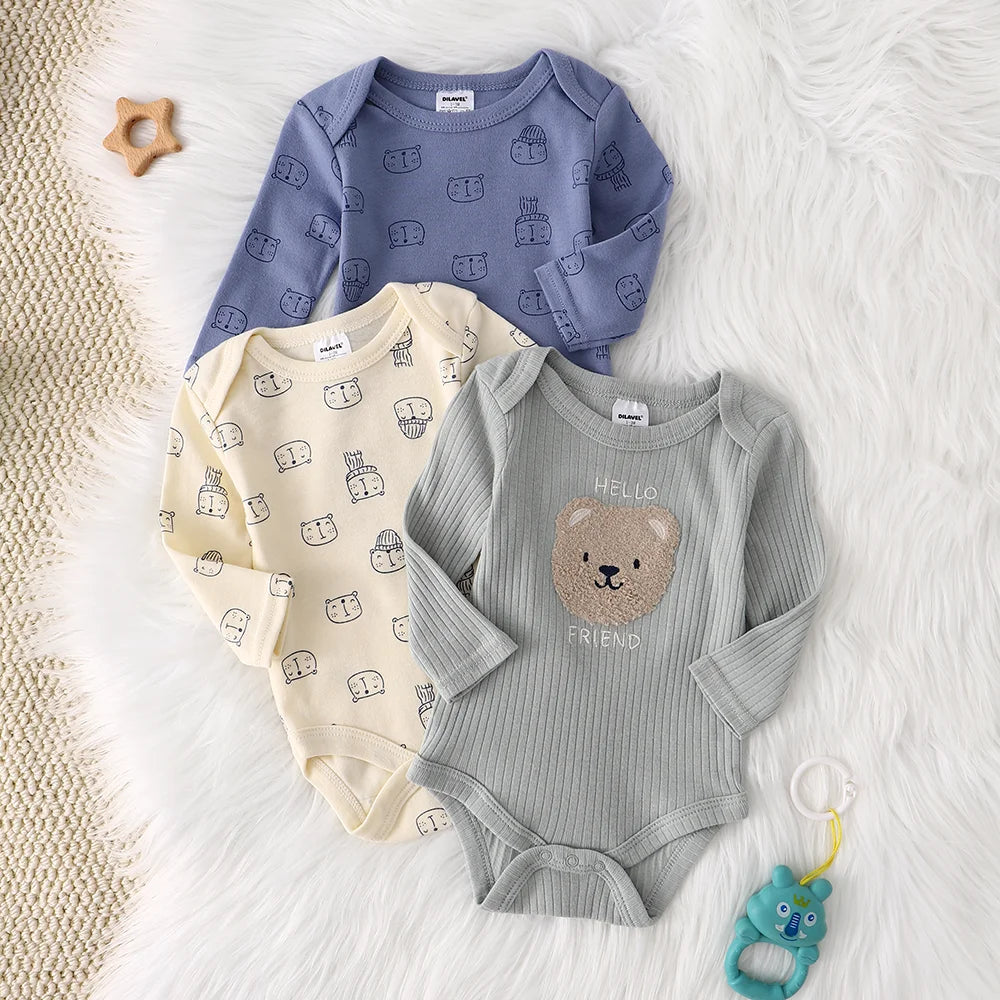 Baby-Strampler 3er-Set – Langarm, Baumwolle, 0–9 Monate
