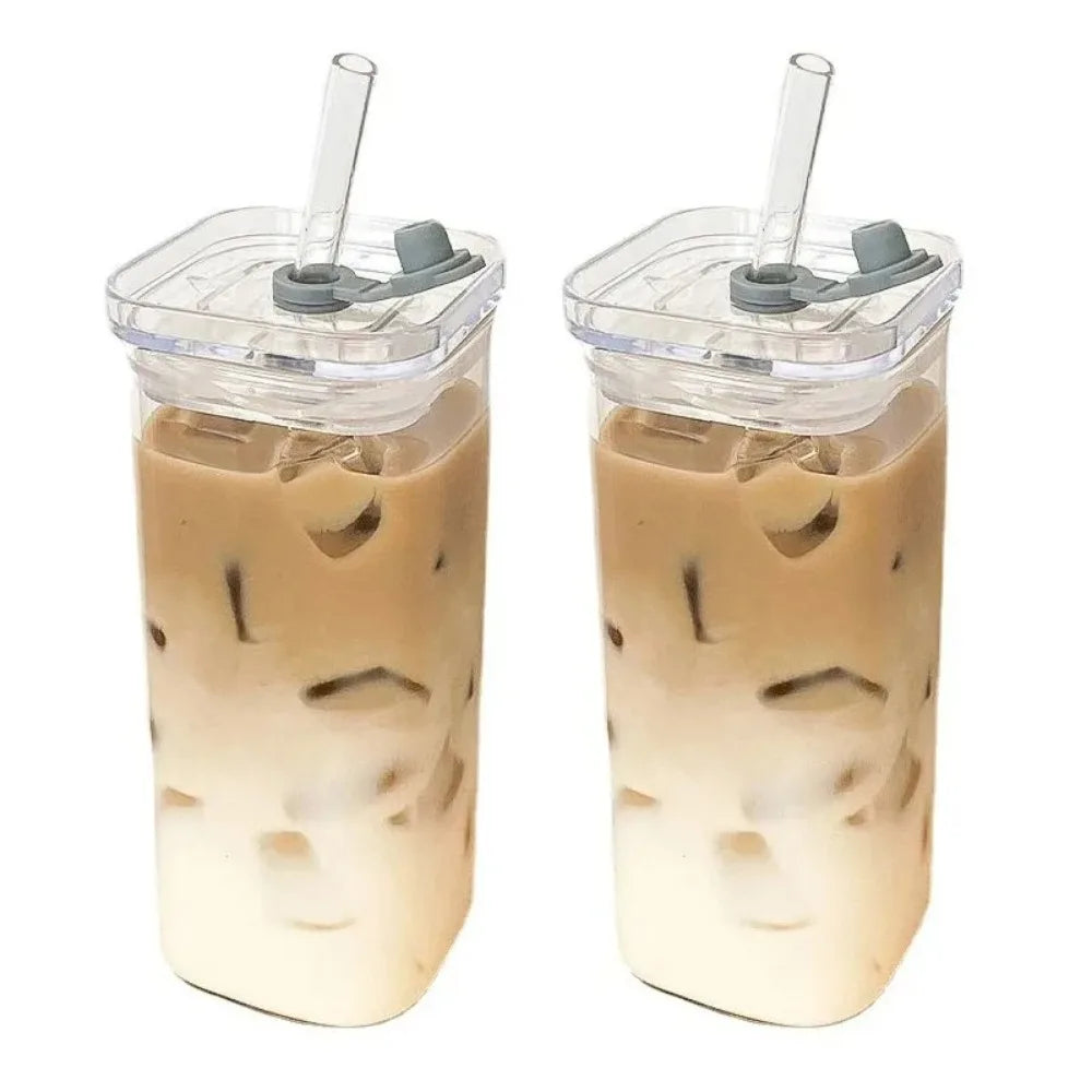 Eckiges Kaffeeglas 400ml – Deckel & Strohhalm, hitzebeständig